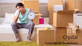  Presentation with apartment - Colorful slide set enhanced with young man moving to new backdrop and a coral colored foreground