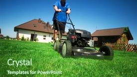  Presentation with gardening - Slide deck consisting of man mowing the lawn gardening background and a forest green colored foreground