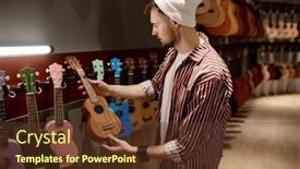  Presentation with musical instrument - Theme consisting of man-musician-buying-ukulele-guitar background and a tawny brown colored foreground