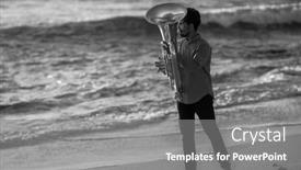  Presentation with black man - Slides having man-musician-playing-a-tuba background and a gray colored foreground