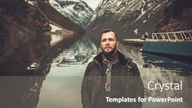  Presentation with village - Presentation consisting of man-near-naeroyfjord-in-gudvangen background and a gray colored foreground