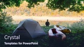  Presentation with camp - Colorful slides enhanced with man-near-tent-and-packrafts backdrop and a tawny brown colored foreground
