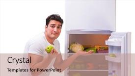  Presentation with fridge - Presentation having man next to fridge full of food background and a coral colored foreground