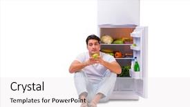  Presentation with fridge - Slide set enhanced with man next to fridge full of food background and a white colored foreground