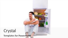  Presentation with fridge - Amazing slide set having man next to fridge full of food backdrop and a white colored foreground