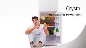  Presentation with fridge - PPT layouts having man next to fridge full of food background and a white colored foreground