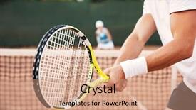  Presentation with court - Beautiful slide set featuring man on court with racket backdrop and a coral colored foreground