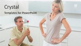  Presentation with knee - PPT theme enhanced with man on one knee making a proposal to woman in the kitchen at home background and a light gray colored foreground