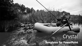  Presentation with lake fish - PPT theme featuring man-on-rubber-boat-catching background and a dark gray colored foreground