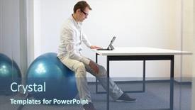  Presentation with tablet - Amazing PPT theme having man-on-stability-ball-working backdrop and a ocean colored foreground