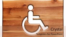  Presentation with disabled person - Amazing slide set having man on wheelchair sign symbol of handicapped disabled person cut in wooden board isolated on white backdrop and a coral colored foreground