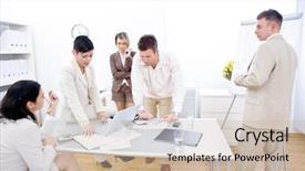  Presentation with woman office desk - Amazing PPT theme having man one sitting one standing backdrop and a soft green colored foreground