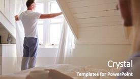  Presentation with person looking out in nature - Colorful slide deck enhanced with man opens curtains and looks backdrop and a coral colored foreground