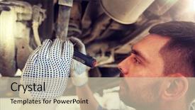  Presentation with mechanic car service repair maintenance - Colorful presentation theme enhanced with man or smith with flashlight backdrop and a soft green colored foreground