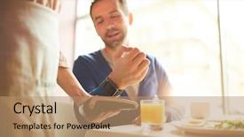  Presentation with order - Presentation having man paying for his order background and a coral colored foreground