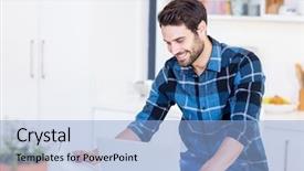  Presentation with social isolation - Colorful slide deck enhanced with man paying his bill online backdrop and a light blue colored foreground