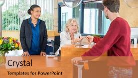  Presentation with credit card icon - Presentation theme featuring man paying through credit card background and a coral colored foreground