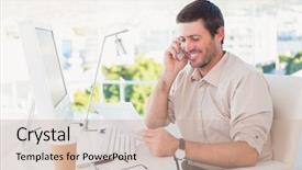  Presentation with wake up call - Audience pleasing presentation theme consisting of man phone - smiling businessman making a call backdrop and a coral colored foreground