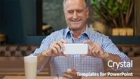  Presentation with gold man smile - Amazing presentation design having man photographing desert in plate backdrop and a  colored foreground