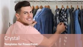  Presentation with closet - Colorful slides enhanced with man picking shirt from closet fashionable wardrobe backdrop and a coral colored foreground