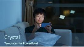  Presentation with play - Amazing PPT theme having man play online game on mobile phone at night backdrop and a ocean colored foreground