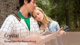  Presentation with guitar - Presentation theme featuring man playing a guitar outdoors for a woman background and a coral colored foreground