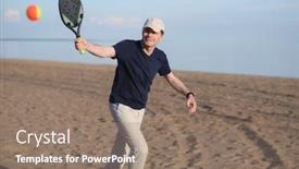  Presentation with trousers - Colorful presentation enhanced with man-playing-beach-tennis backdrop and a coral colored foreground