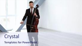  Presentation with arabic music arab man playing - PPT theme featuring man playing cello in room background and a sky blue colored foreground