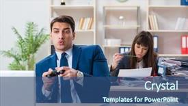  Presentation with video game 3d play games - Amazing PPT layouts having man playing games in office backdrop and a ocean colored foreground