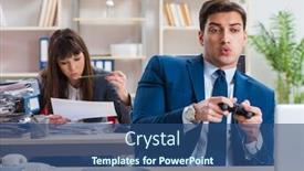  Presentation with busy - Presentation theme with man-playing-games-in-office background and a ocean colored foreground