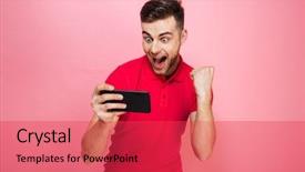  Presentation with mobile games - Amazing PPT theme having man playing games on mobil backdrop and a red colored foreground