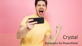  Presentation with mobile games - Beautiful slide deck featuring man playing games on mobil backdrop and a  colored foreground