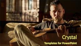  Presentation with music man in suit guitar - Slides enhanced with man playing guitar on sofa background and a tawny brown colored foreground