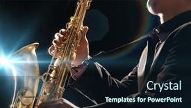  Presentation with black man - Audience pleasing presentation theme consisting of man-playing-saxophone-against-black backdrop and a wine colored foreground