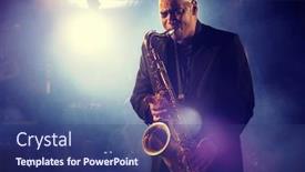  Presentation with stage - Colorful theme enhanced with man-playing-saxophone-on-stage backdrop and a ocean colored foreground