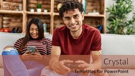  Presentation with video game - Presentation theme having man-playing-video-game background and a red colored foreground