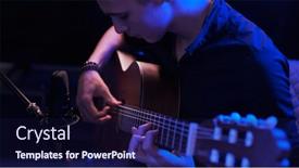  Presentation with music instrument - Slide set with man-plays-guitar-young-man background and a navy blue colored foreground