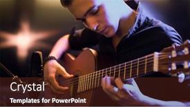  Presentation with music instrument - Colorful presentation design enhanced with man-plays-guitar-young-man backdrop and a tawny brown colored foreground