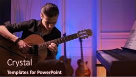 Presentation with music instrument - Presentation design consisting of man-plays-guitar-young-man background and a wine colored foreground
