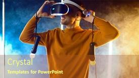  Presentation with virtual reality - Cool new PPT theme with man-plays-the-game-using backdrop and a tawny brown colored foreground