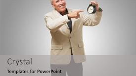  Presentation with alarm - Amazing slide deck having man-pointing-at-an-alarm backdrop and a light gray colored foreground