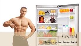  Presentation with white healthy food - Slides having man-pointing-at-his-muscles background and a  colored foreground
