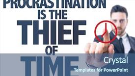  Presentation with procrastination - Amazing presentation having man pointing the text procrastination backdrop and a ocean colored foreground