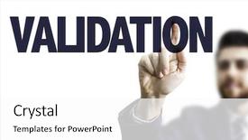  Presentation with testing - Beautiful slide deck featuring man pointing the text validation backdrop and a white colored foreground