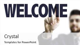  Presentation with welcome - Colorful slide deck enhanced with man pointing the text welcom backdrop and a white colored foreground