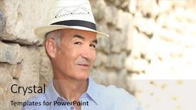  Presentation with history - PPT theme featuring man posing in a panama background and a coral colored foreground