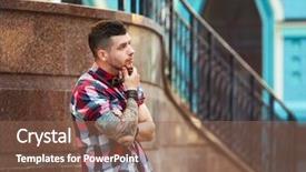  Presentation with young man on the phone - Theme enhanced with man posing on blurred building background and a violet colored foreground