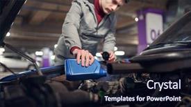  Presentation with close up pouring oil - Cool new slide deck with man pouring oil in blue backdrop and a wine colored foreground