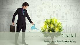  Presentation with pouring water - Presentation design having man pouring water on lightbulb background and a soft green colored foreground