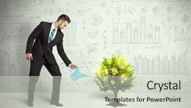  Presentation with business growing - Slide set featuring man pouring water on lightbulb background and a soft green colored foreground